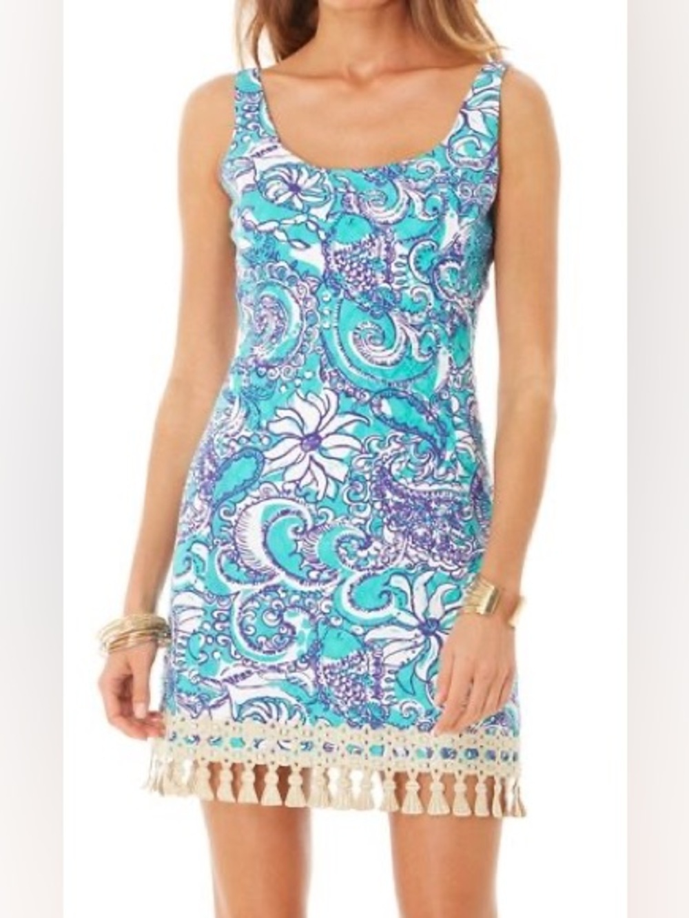 Lilly Pulitzer Eaton Mini Shift Dress Montauk Seafoam Paisley Gold Tassel Hem